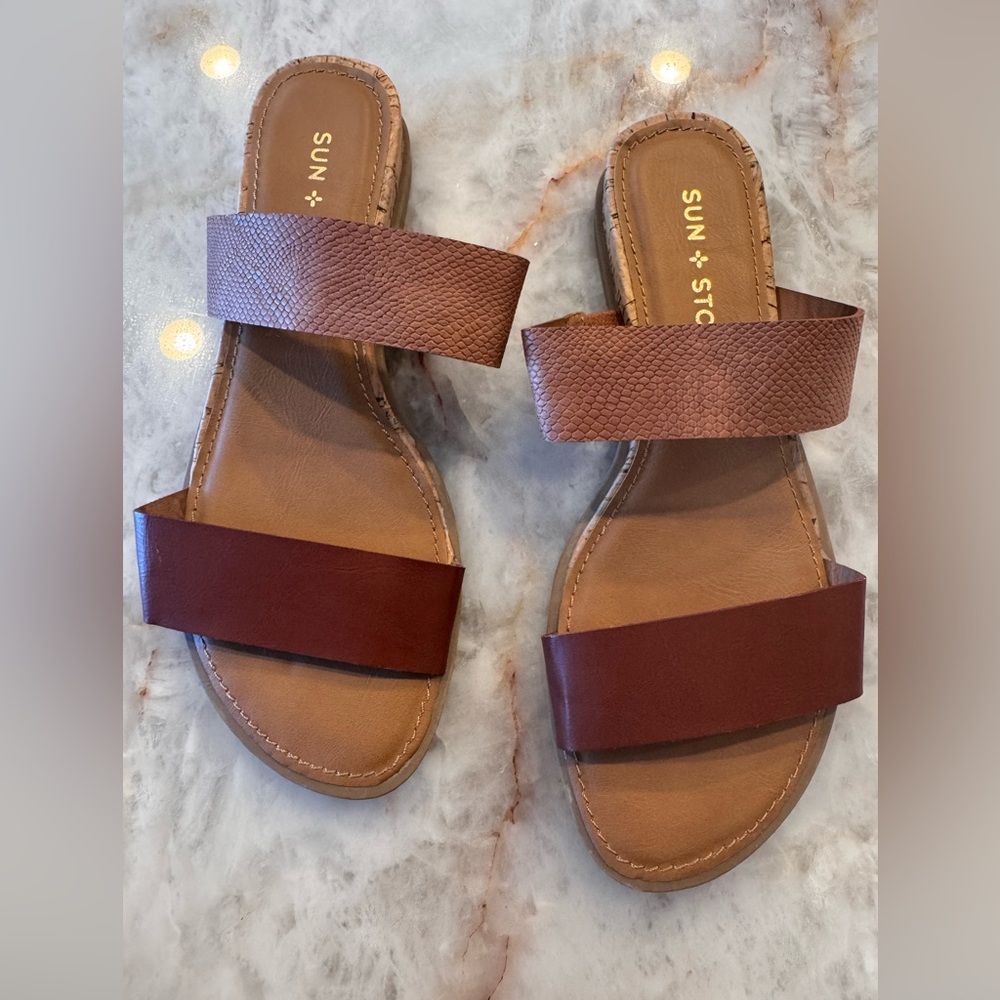 Sun + Stone Brown Double Strap Slide Sandals Women’s Size 5